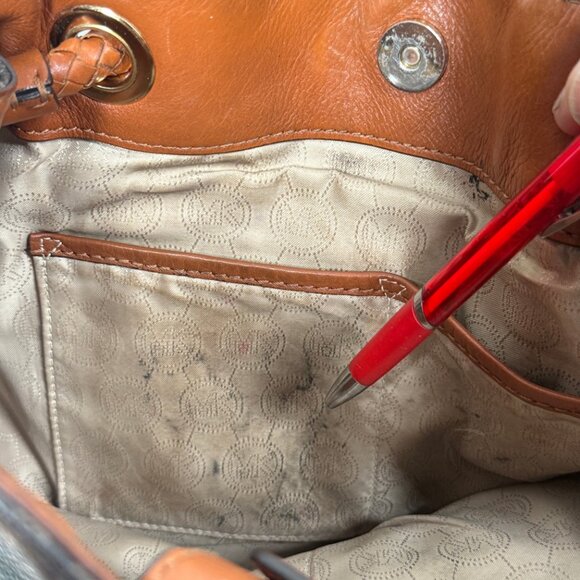 Michael Kors Jet Set Signature Drawstring Tote Brown MK Monogram Leather Trim - Picture 12 of 15